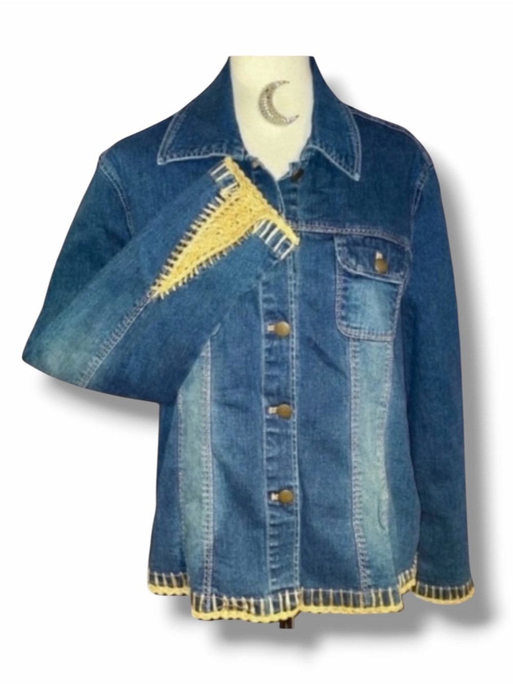 SANDRO Sportswear Denim Jean Bohemian Faux distress Jacket Crochet Accents  XL